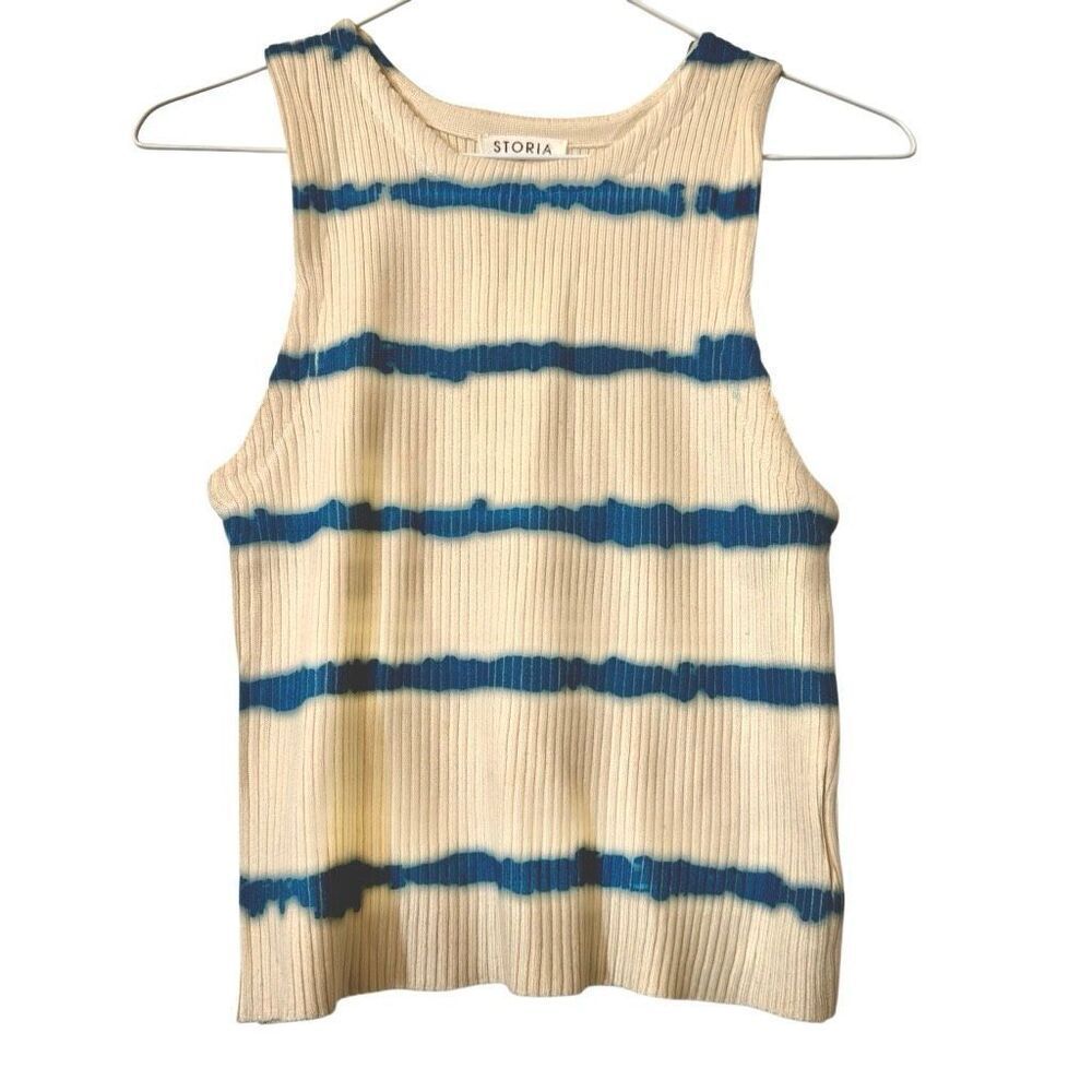 Storia Ribbed Knit Striped Dye Sleeveless Tank Top Cream Blue Medium